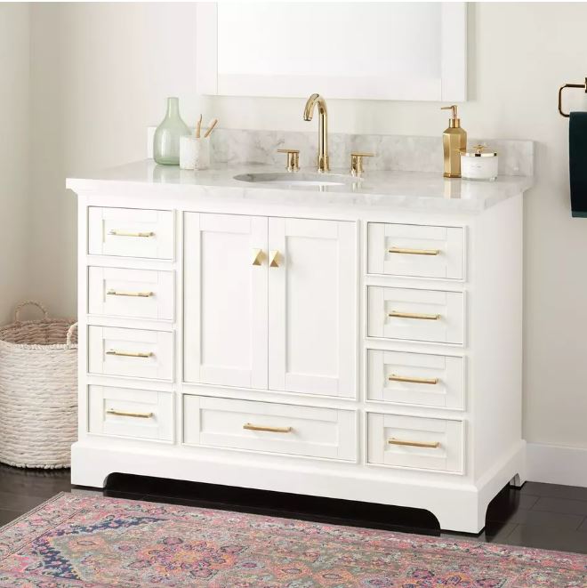 New Arctic White Quartz 48" Quen Vanity - with Warm Oak Frame by Signature Hardware
