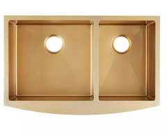New 33" Matte Gold TK 60/40 Offset Double-Bowl Stainless Steel Farmhouse Sink - Curved Apron by Signature Hardware