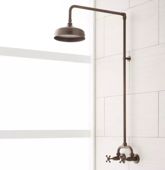 Nouvelle douche murale à tuyau exposé Baudette en bronze huilé avec pomme de douche à effet de pluie par Signature Hardware