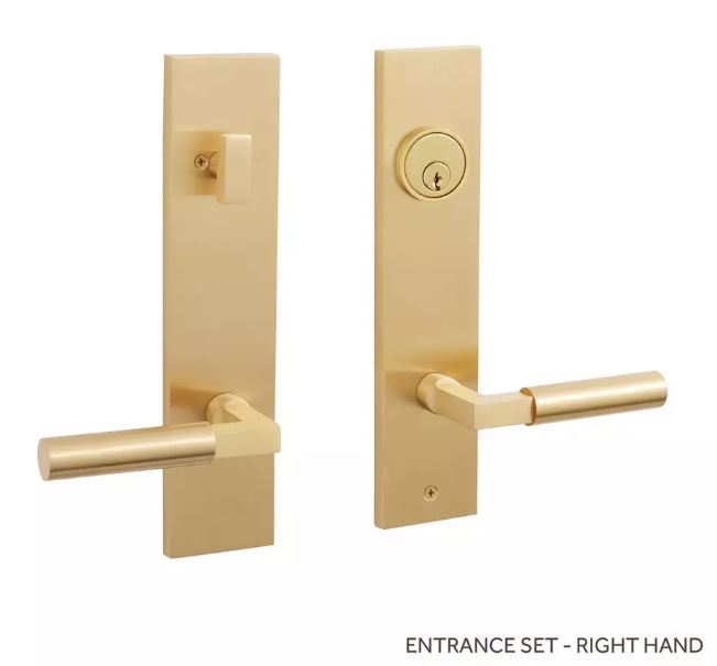 Signature Hardware Ensemble de porte d'entrée contemporaine en laiton satiné Tolland - Poignée à levier - Main droite