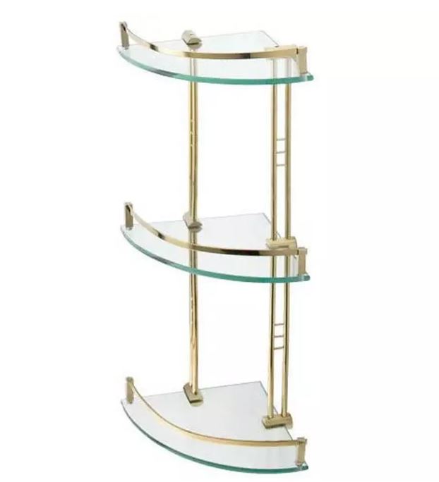 New Polished Brass Engel Tempered Glass Corner Shelf - Three Shelves by Signature Hardware