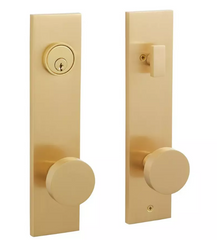 New Satin Brass Contemporary Moceri Solid Brass Entrance Door Set with Round Knob by Signature Hardware