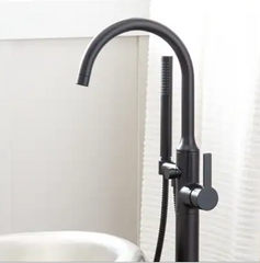 Nouveau robinet de baignoire-douche autoportant Lentz noir mat avec poignée à bouton par Signature Hardware