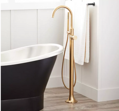 Nouveau robinet de baignoire-douche autoportant Lentz en or brossé avec poignée à bouton par Signature Hardware