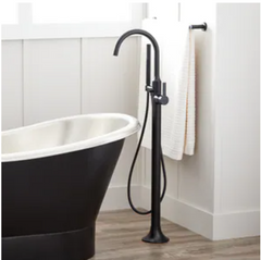 Nouveau robinet de baignoire-douche autoportant Lentz noir mat avec poignée à bouton par Signature Hardware
