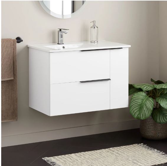 New Glossy White 32" Varina Wall Mounted Single Vanity Set - with Warm Oak Cabinet Frame by Signature Hardware