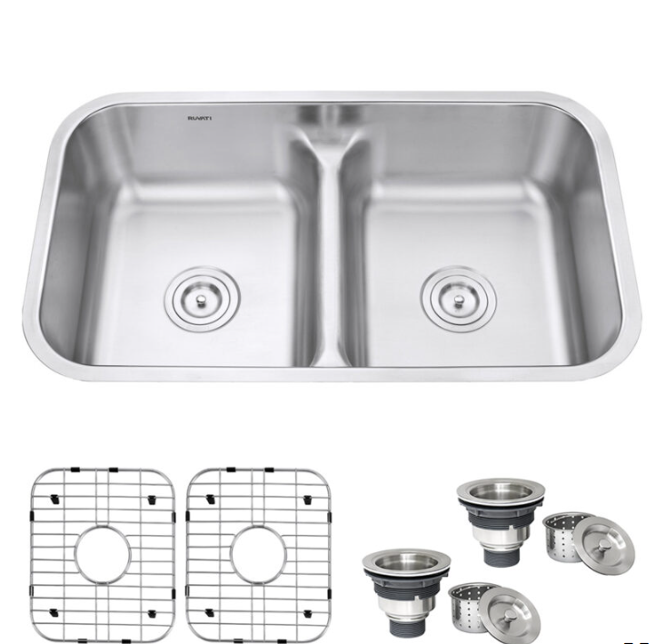 New Stainless Steel Ruvati 32-inch Low-Divide 50/50 Double Bowl Undermount 16 Gauge Kitchen Sink by Ruvati