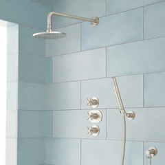 New Brushed Nickel ExiraThermostatic Shower System with Rainfall Shower and Hand Shower by Signature Hardware