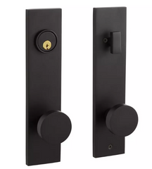 Signature Hardware Ensemble de porte d'entrée contemporaine en laiton massif Moceri noir satiné avec bouton rond et ressort