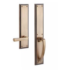 Signature Hardware Ensemble de porte d'entrée en laiton massif Aurick en laiton antique – Poignée à levier – Factice – Main droite