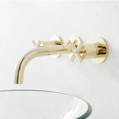 New Polished Brass Exira Wall Mount Bathroom Faucet with Cross Handles - Signature Hardware