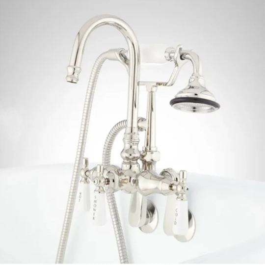 New Polished Nickel Gooseneck Tub-Wall-Mount Faucet & Hand Shower - Signature Hardware
